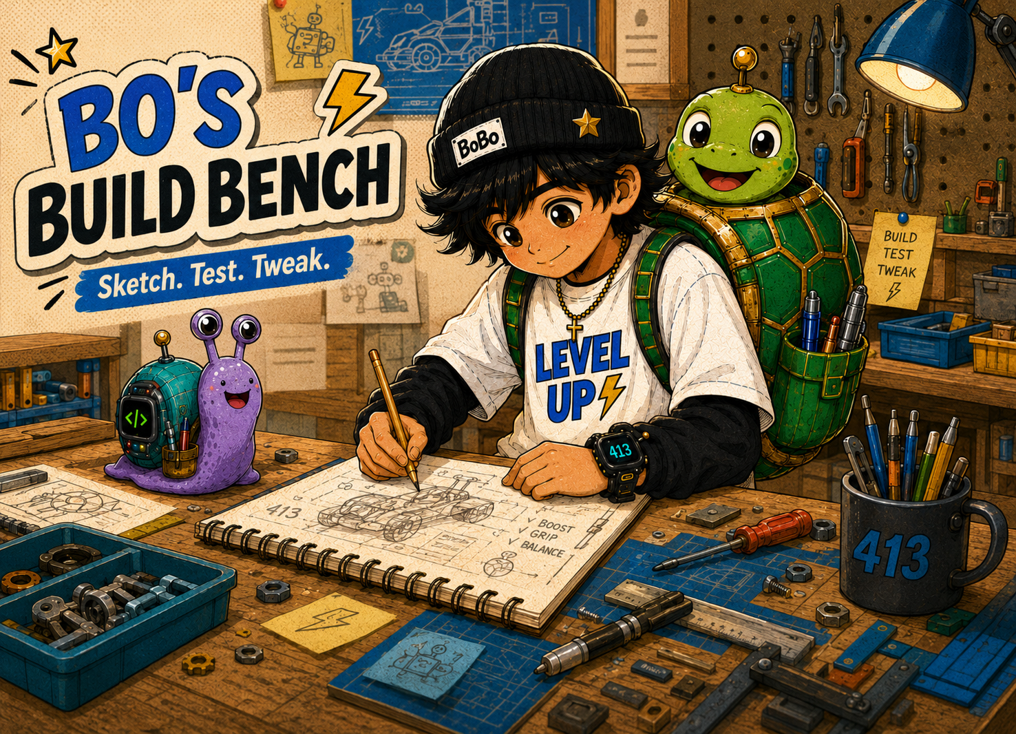 Bo sketching a build at his workbench with Tank on his back and Ping beside him