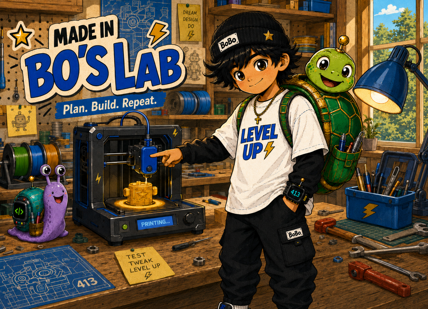 Bo in his lab pointing at a 3D printer making a gold gear, with Tank on his back and Ping beside the printer